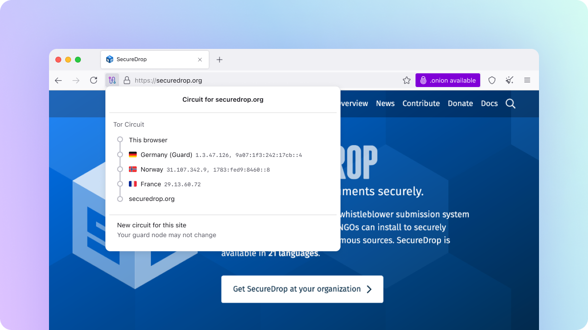 Screenshot of the updated circuit display for securedrop.org in Tor Browser for desktop
