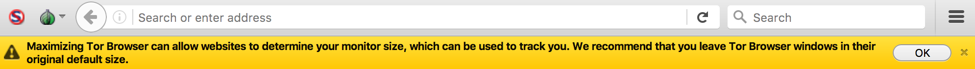 Tor Browser warning text. It reads "Maximizing Tor Browser can allow websites to determine your monitor size, which can be used to track you. We recommend that you leave Tor Browser windows in their original default size."